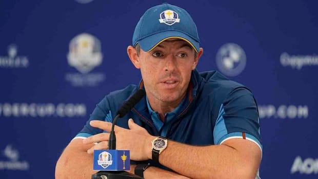 Europe's Rory McIlroy meets journalists during a press conference ahead of the 2023 Ryder Cup at the Marco Simone Golf Club in Italy.